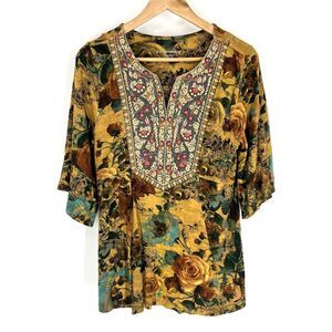 Soft Surroundings Top Size Medium Petite Brown Miranda Embroidered Boho Floral